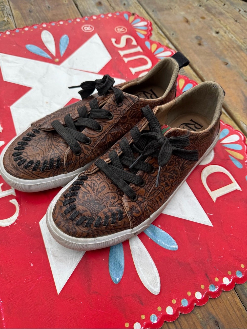 Reba Brown Floral-Embossed Lace-Up Sneakers with Black Laces